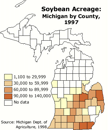 Map - Soybean Acreage, 1997 (66827 bytes)